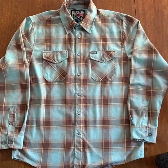 DIXXON *13th Street* button-up teal & brown long-sleeve plaid front pocket shirt - Picture 4 of 12